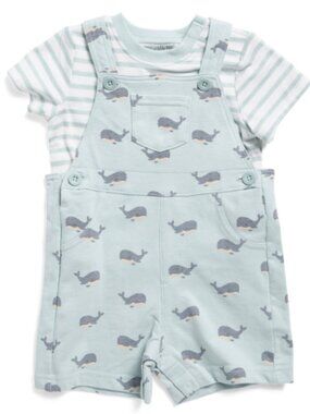 NWT Newborn Baby Boy Whale Shortall Set Blue Nautical Outfit Knit Romper & Tee